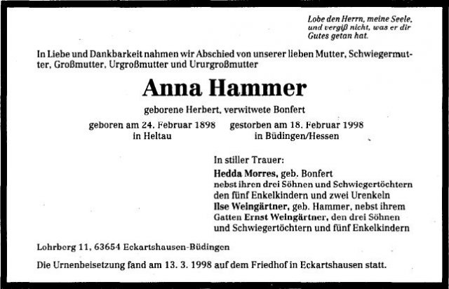 Herbert Anna 1898-1998 Todesanzeige